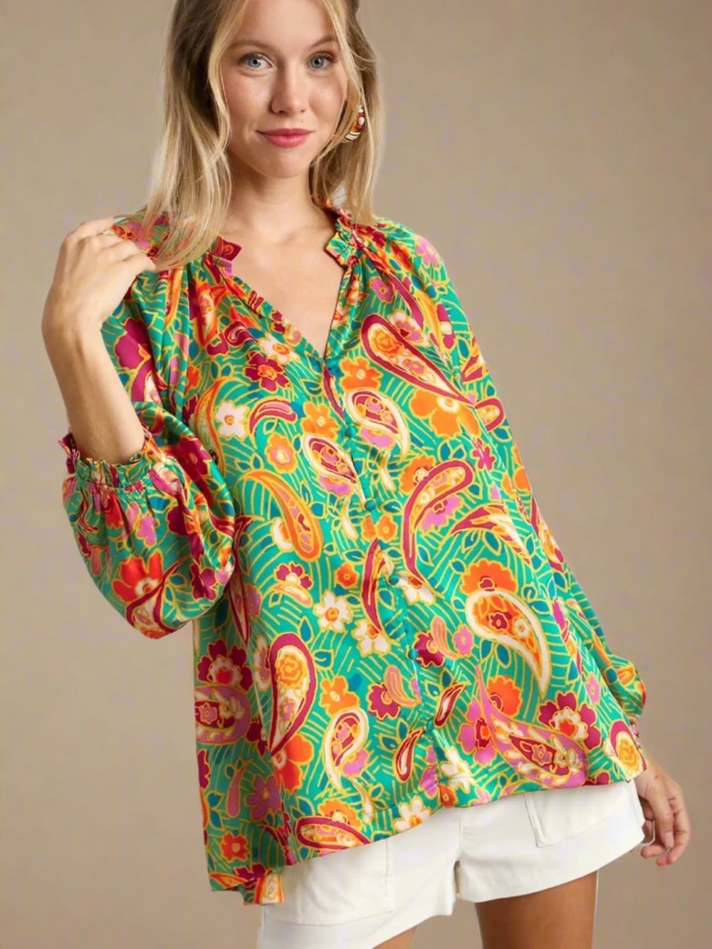 Umgee Green Multi Paisley V-Neck Peasant Tunic